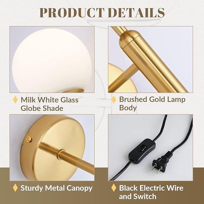Modo Lighting Modern Plug in Wall Sconce Light Golden Wall Light Fixture with On/Off Toggle Switch Industrial Vintage Wall Lamp for Bedroom Bathroom Bedside E26 Base (Plug)