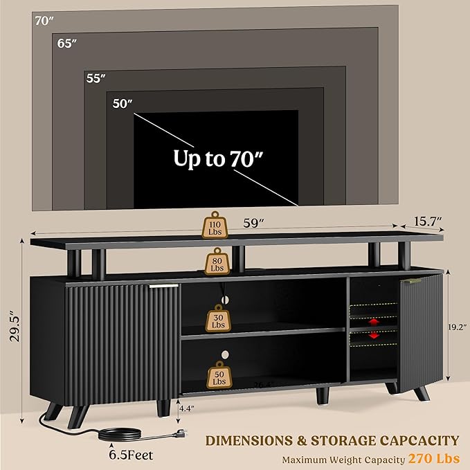 Lulive Modern TV Stand for 55/60/65/70 inch Television, Entertainment Center with Wooden Storage Cabinets and Power Outlet, Black Media Console for Living Room Bedroom (Black)