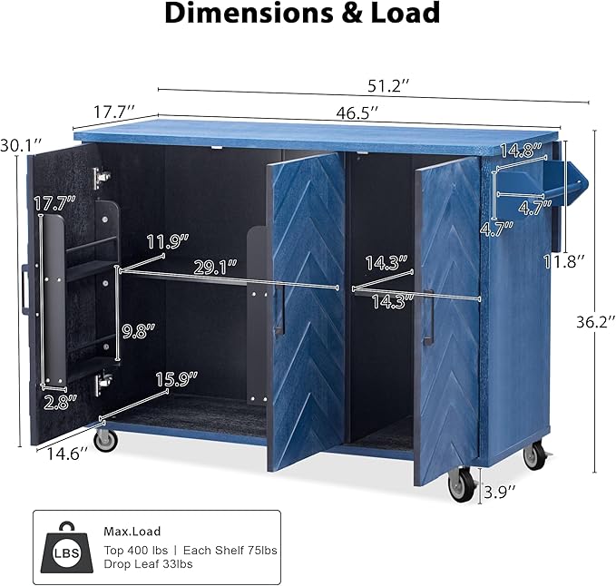 51.2" W 3D Wave Stripes Ash Veneer Kitchen Island with Drop Leaf, Farmhouse Kitchen Island on Wheels with Internal Storage Rack, Rolling Cart, Not Cheap Paper, Navy Blue