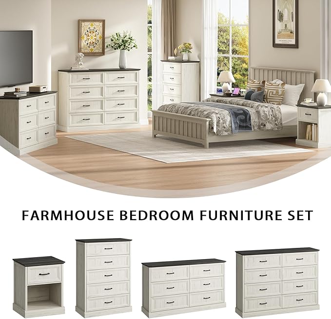 CARPETNAL Farmhouse 8 Drawer Dresser for Bedroom, 55" Wide Modern White Dresser TV Stand with Large Drawers & Bar Handles, Rustic Wood Chest of Drawers for Bedroom, Living Room, Hallway, Entryway.