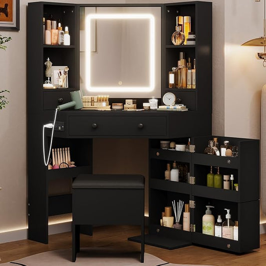 Vanity Desk with Mirror Lights, Storage Bench & Power Outlet, Corner Vanities with Rotating Cabinet & Drawers, 42.5" L Shaped Vanity Set, 3 Light Settings, for Women Girls, Modern Black