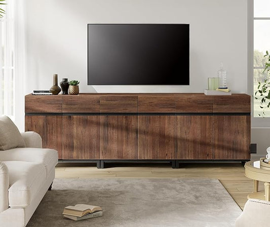 WAMPAT Modern TV Stand for 75-110 Inch TVs, Wooden Entertainment Center TV Console with Metal Base and Adjustable Shelves for Living Room, Bedroom, 94.5 Inch, Brown