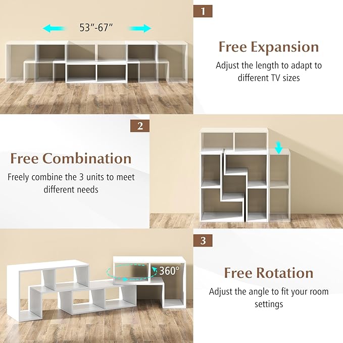 Giantex Free-Combination TV Stand for Bedroom - Entertainment Center for 50 55 60 65 Inch TV, 3-Piece Media Console Table with Storage Cubes, Deformable Open Storage Bookcase Shelf (White)