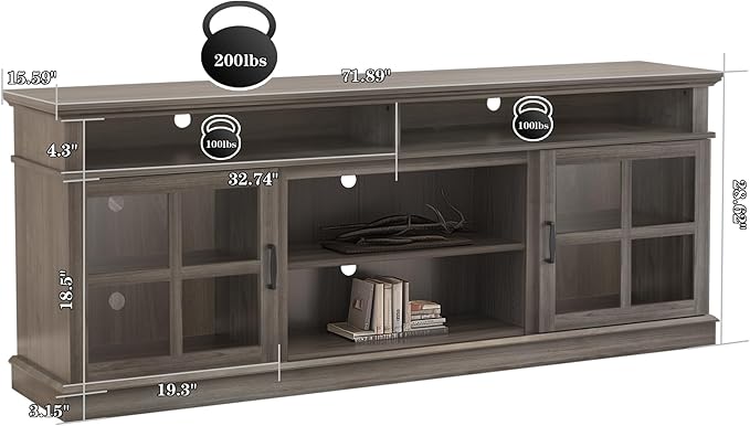 Fireplace TV Stand with Wood Glass Storage Cabinets, Farmhouse Entertainment Center for TVs up to 80", Mid Century Modern Media TV Console Table for Living Room Bedroom(Gray)