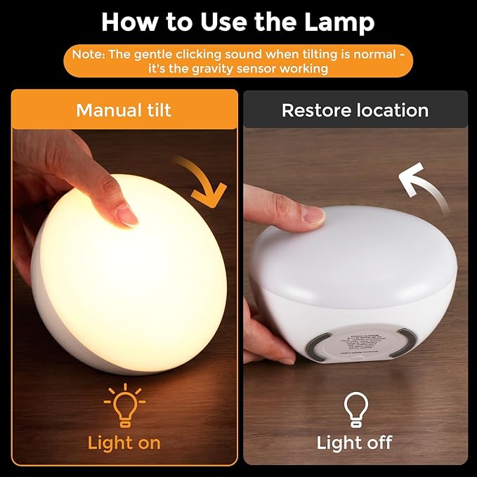 Cordless Bedside Table Lamp with Gravity Sensor | Portable Wireless Rechargeable 2000mAh Battery Operated | Mini Warm Soft Ambient Night Stand Light | Gift for Bedroom, Nursery, Camping & Outdoor