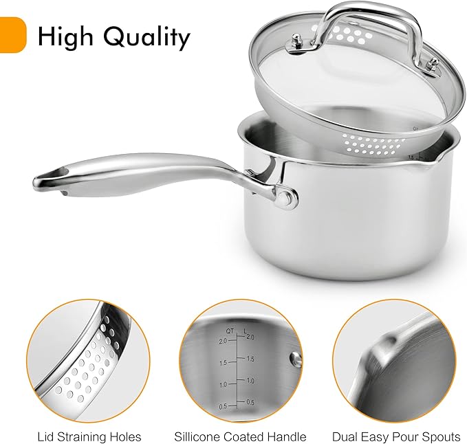 Cyrosa 3.5 Quart Stainless Steel Saucepan with Strainer Lid, Sauce Pot Sauce Pan for Stove Top, Two Side Spouts for Easy Pour, Dishwasher Safe