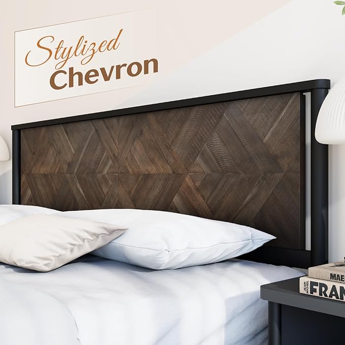 Lenia 14-Inch Queen Size Platform Bed Frame with Headboard – Heavy Duty Acacia Wood, Mid-Century Modern Style, 12 Slats for Support, No Box Spring Needed, Noise-Free, Easy Assembly, Mocha Black