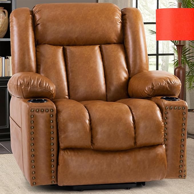 Large Power Lift Chair Recliner for Elderly with Heated and Massage, Overstuffed Adjustable Lift Chair, 3 Position, Breathable Leather, USB-A&USB-C, Cup Holder (Large-7523, Caramel)