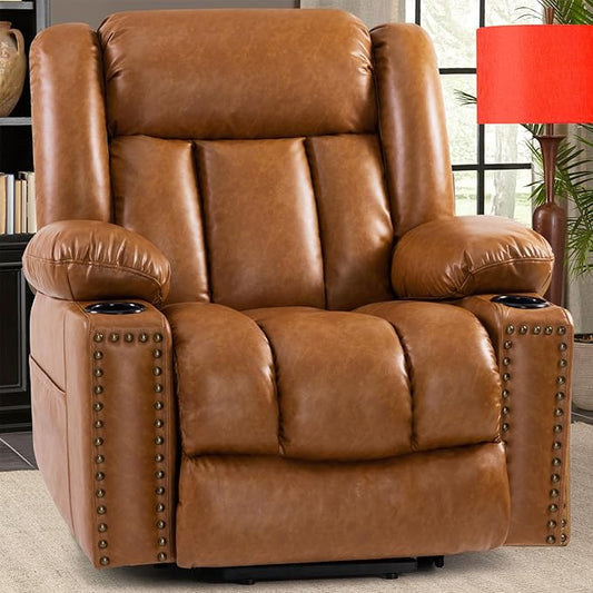 Large Power Lift Chair Recliner for Elderly with Heated and Massage, Overstuffed Adjustable Lift Chair, 3 Position, Breathable Leather, USB-A&USB-C, Cup Holder (Large-7523, Caramel)