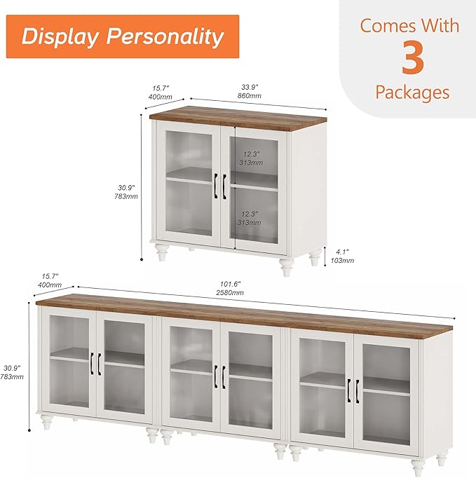 WAMPAT Modern TV Stand for 100 Inch TV, Wood TV Cabinet Entertainment Center for 95/90/85 Inch TV, Large Kitchen Buffet Cabinet with 6 Glass Door for Dining Room & Living Room, White