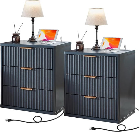 LEYAOYAO 23" Wide Fluted Farmhouse Night Stand Set of 2 with Charging Station, 3 Drawers Large End Table w/Metal Handle, Blue Nightstand Bedside Table,Wood Dresser for Bedroom, Closet