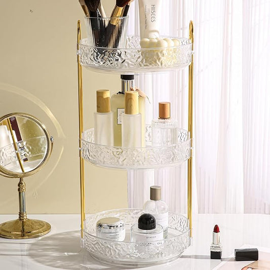 Fangoo 3 Tiers Clear Rotating Makeup Organizer for Vanity, 360 Spinning Skincare Organizers for Dresser Perfume Holder Large Skincare Make Up Storage Cosmetic Organizer for Bathroom Countertop