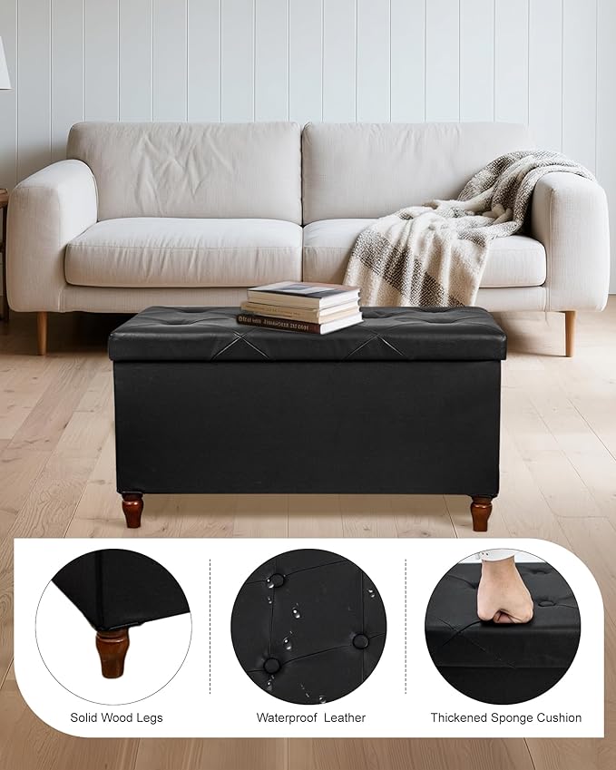 GLAXYFUR 30 Inches Storage Ottoman Bench with Wooden Legs, Faux Leather Folding Ottoman Foot Rest, Storage Bench for Living Room, Hallway & Bedroom, Upgrade Large Capacity (Engineered Wood, Black)