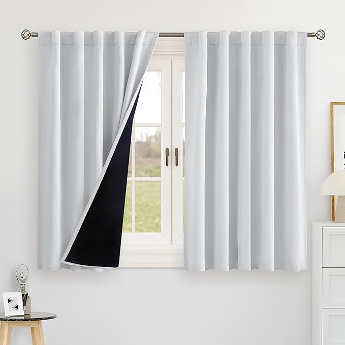 BGment Greyish White 100% Blackout 48 Inch Curtains for Small Window, Rod Pocket and Back Tab Double Layer Black Out Thermal Insulated Room Darkening Curtain for Kitchen, 2 Panels, Each 42 x 48 Inch