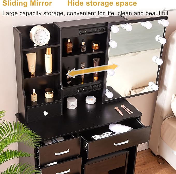 JBLCC Vanity Desk with Mirror and Lights, Black Makeup Vanity with 3-Color Lighted Sliding Mirror, 4 Drawers & Open Shelves, Small Vanity Table for Bedroom, Girls & Women