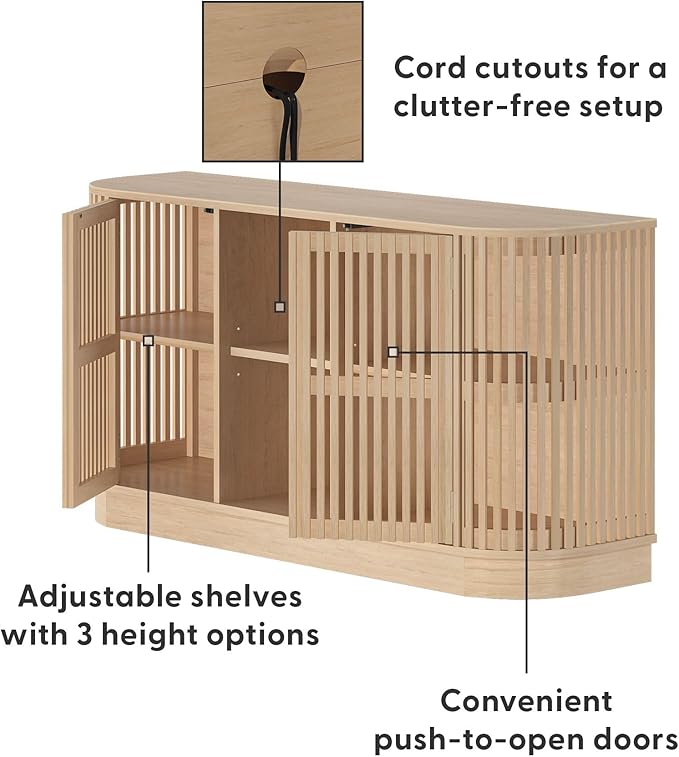 Plank+Beam Contour Wood TV Stand, Two Door Solid Wood Entertainment Console with Storage, 59" L x 16" W x 30" H, Blonde