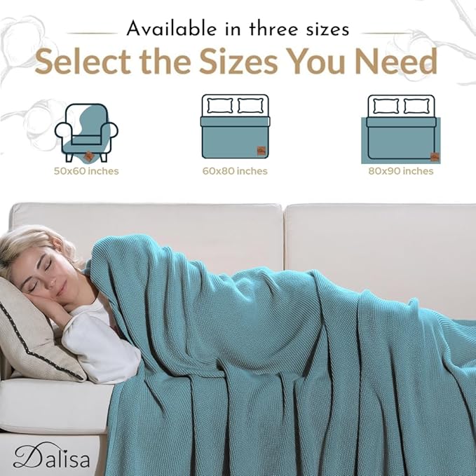Dalisa 100% Organic Turkish Cotton Throw Blanket - GOTS Certified, Cozy - Perfect for Couch, Bed, and Home Decor - Boho Vintage Knit Alina (Smoke Blue, 80x90)