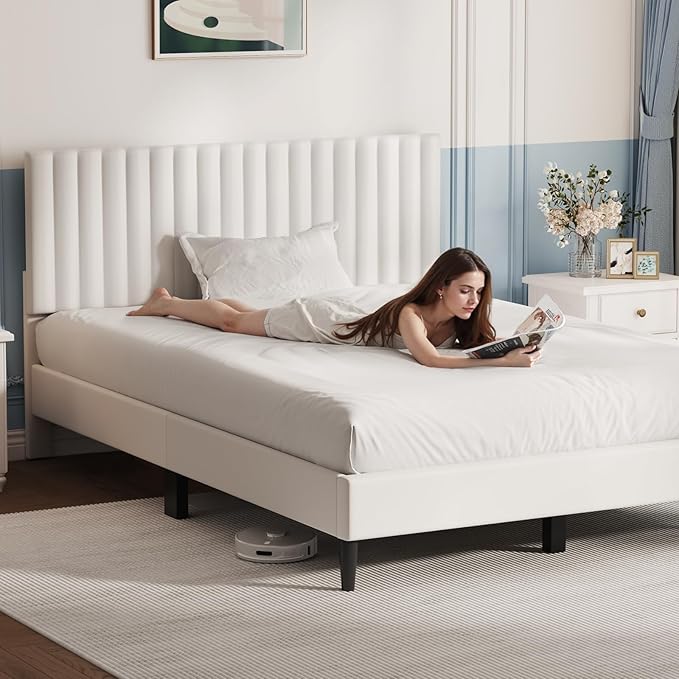 Casaottima Queen Bed Frame, Velvet Upholstered Platform Bed with Headboard, Strong Wooden Slats Support, Noise-Free Mattress Foundation, No Box Spring Needed, Easy Assembly,Vertical Stripe Cream White