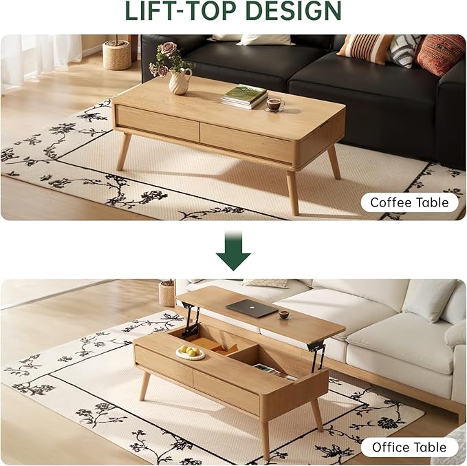 Lift Top Coffee Table, 100% Solid Oak Wood Log Color Coffee Table with Drawers and Hidden Compartments, Rectangular Coffee Tables with Storage for Living Room Home Decor (49.27" L)