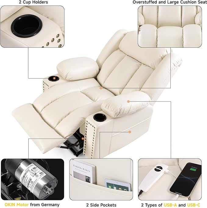 Large Power Lift Chair Recliner for Elderly with Heated and Massage, Overstuffed Adjustable Lift Chair, 3 Position, Breathable Leather, USB-A&USB-C, Cup Holder, Beige