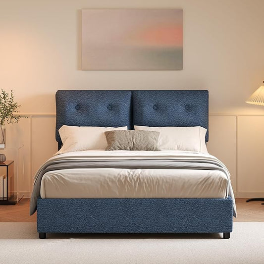 Queen Bed Frames,Breathable Boucle Fabric Upholstered Bed Frame with Headboard,Removable and Washable,Wood Slat Support,No Box Spring Needed,Easy Assembly,Navy Blue
