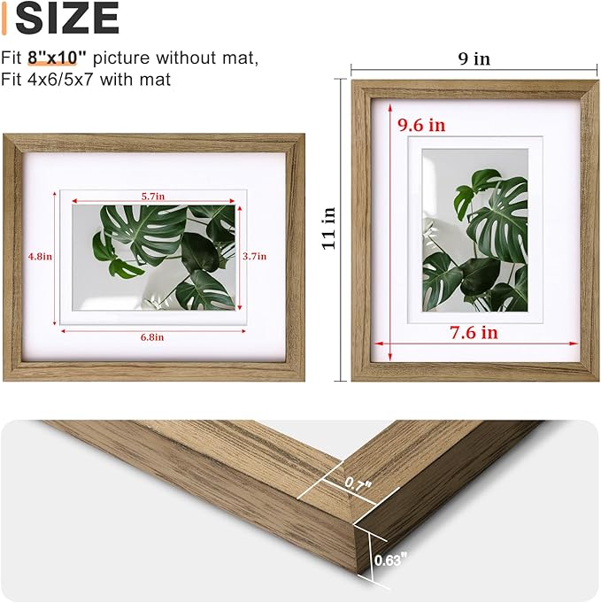 Egofine 8x10 Picture Frame with Plexiglass, Display Pictures 4x6/5x7 with Mat or 8x10 Without Mat for Tabletop and Wall Mounting, Carbonized Brown