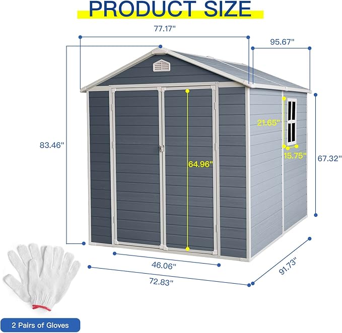 6' x 8' Resin Storage Shed Outdoor, PP Material & Strong Structure for All Weather, Plastic Garden Shed w/Window for Garden, Backyard, Poolside and Lawn, 15mm Thick PP Board - Light Grey