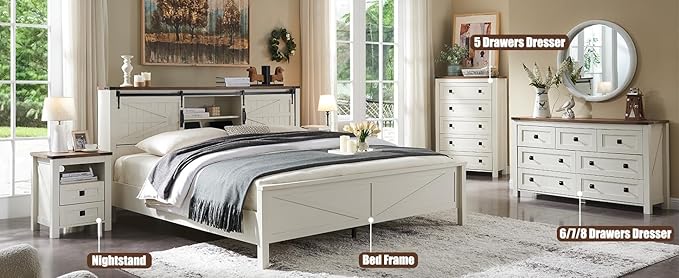 T4TREAM Farmhouse 6 Drawers Dresser for Bedroom, Wood Rustic Wide Chest of Drawers, Storage Dressers Organizer for Bedroom, Living Room, Hallway, Antique White