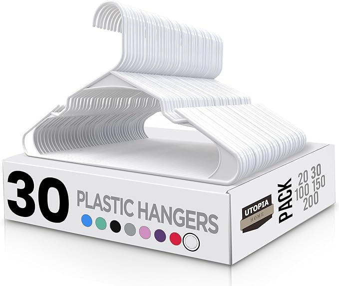 Utopia Home Plastic Hangers 30 Pack - Perfect Space Saving Clothes Hanger - Durable and Strong - Perfect Closet Organizers with Shoulder Grooves (White)