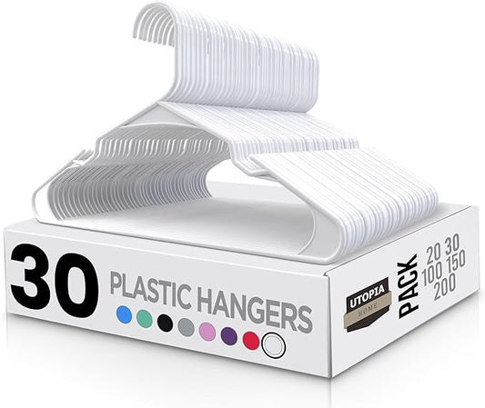 Utopia Home Plastic Hangers 30 Pack - Perfect Space Saving Clothes Hanger - Durable and Strong - Perfect Closet Organizers with Shoulder Grooves (White)