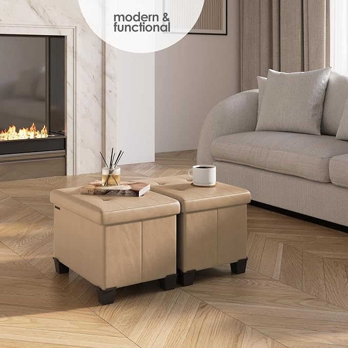 STORAGEBUD Storage Ottoman Cube with Small Bin, 16-in Square Ottoman with Storage for Living Room and Bedroom, Small Ottomans Foot Rest, Faux Leather Foot Stools Ottomans Max 330lbs, Taupe