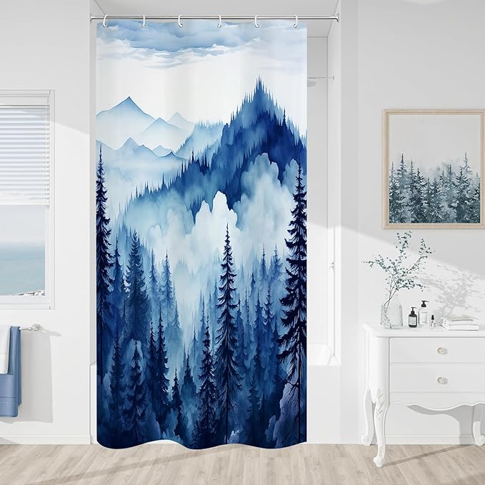 Navy Blue Small Stall Misty Pine Forest Shower Curtain 36 x 72, Mountain Foggy Woodland Scenery Tree Narrow Half Size Shower Curtains for Bathroom, Abstract Waterproof Nature-Themed Decor