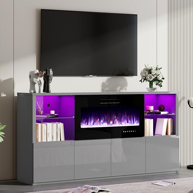 68" Modern Fireplace TV Stand for TVs up to 75", High Gloss Entertainment Center with 40" Fireplace, 4 Shelves & Storage Cabinets, Media Console Table,Grey