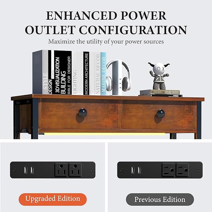 32" Entryway Table with Outlets: Console Table with 2 Wood Drawers and Storage Shelves, USB Ports, LED Light Strip, for Sofa, Living Room, Hallway, Foyer, Couch, and TV Stand