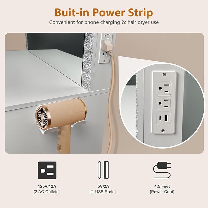 Vanity Desk with Mirror and Lights, Diamond Vanity Mirror with Lights, Makeup Table with Drawers, Cabinets and Power Outlet, 10 Lights 3 Color Lighting Modes, Adjustable Brightness, White