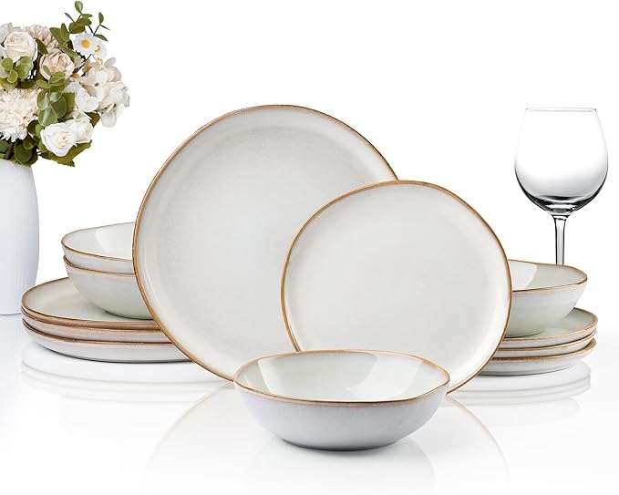 HaWare 12-Piece Dinnerware Sets, Stoneware Plates and Bowls Set for 4, Ceramic Dishware Dinner Set for Home Restaurant, Chip and Crack Resistant, Microwave and Dishwasher Safe, Reactive Pearl White