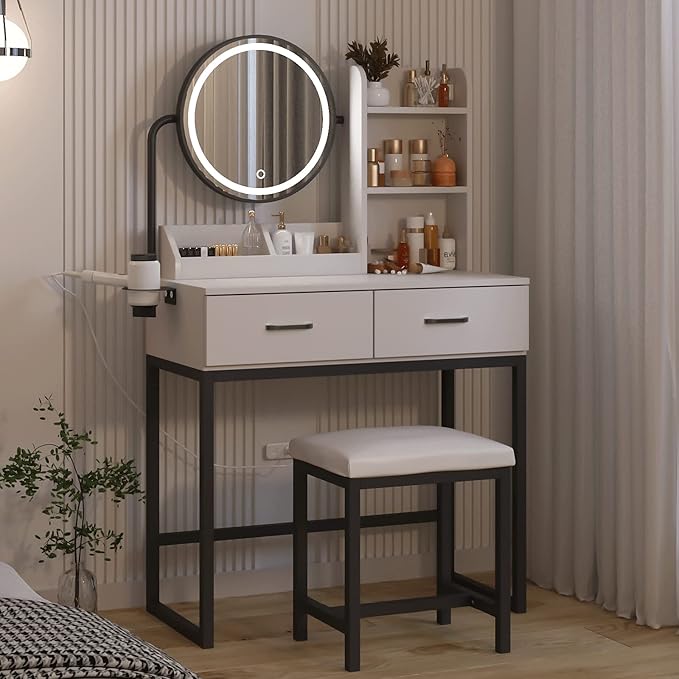 Makeup Vanity Desk with Mirror and Lights, Cute Vanity Makeup Table, Small Vanity Table for Bedroom with Lots Storage, 3 Lighting Modes, 31.5in(L)