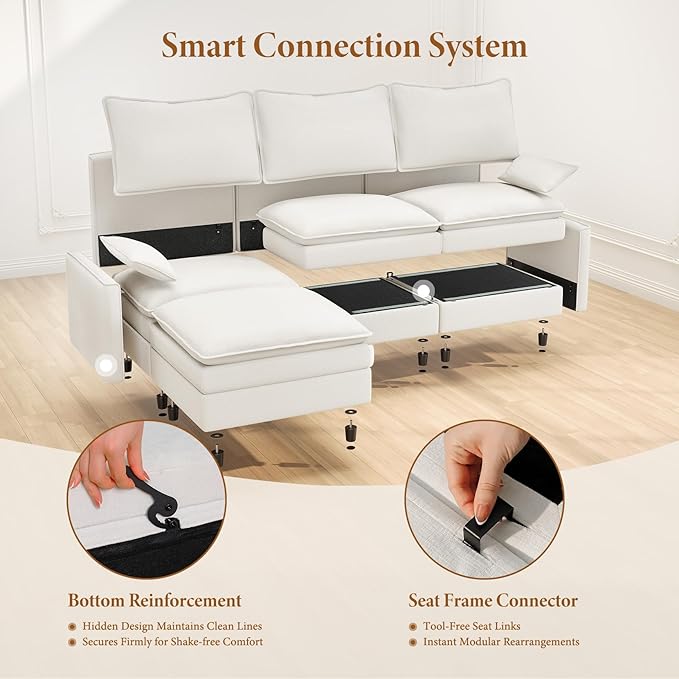 Vesgantti 108" Modular Sectional Sofa, Comfy Cloud Couch with Movable Ottoman Deep Seat Chenille L Shaped Modular Sofa, Sectional Couches for Living Room, Bedroom and Apartment, Snow White