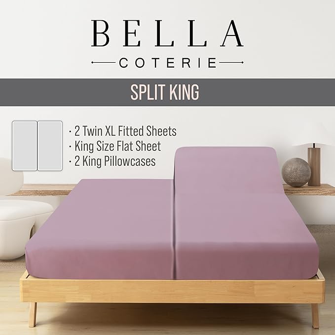 Bella Coterie Luxury Bamboo Viscose Split King Size Sheet Set | 100% Organically Grown | Ultra Soft | Cooling for Hot Sleepers | 18" Deep Pocket [Lilac]