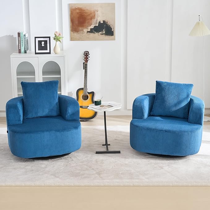 Furnimart 360° Swivel Barrel Accent Chair, Round Upholstered Comfy Lounge Chair, Corduroy High-Resilienc Foam Single Sofa, No Assembly Wide Seat for Living Room, Bedroom, Apartment (Blue)