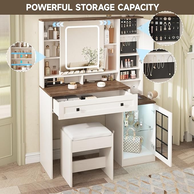 Vabches Makeup Vanity Desk with Sliding Mirror, 41.8'' White Farmhouse Vanity Table with Stool, Jewelry Cabinet & Charging Station, Large Drawer, Visual Cabinet, 3 Lighting Modes, Adjustable Shelves