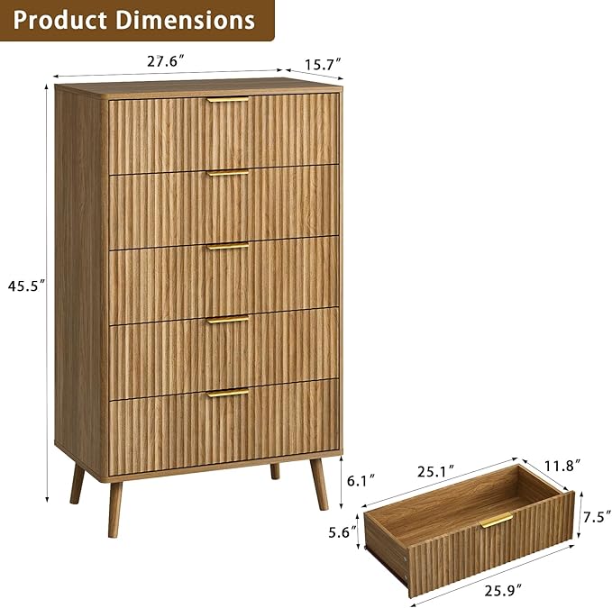 CARPETNAL Fluted 5 Double Drawers Dresser for Bedroom, 45”Tall Modern Chest of Drawers with Deep Drawers,Curved Profile Design, Wood Drawer Organizer for Living Room, Natural Oak