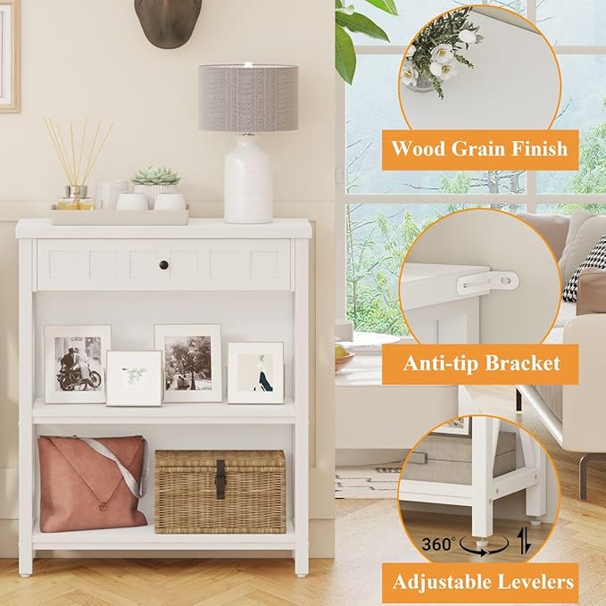 FATORRI Small Bookcase with Drawer, Wood and Metal Bookshelf for Small Space, Short Book Shelf and Low Book Case for Living Room (White Oak)