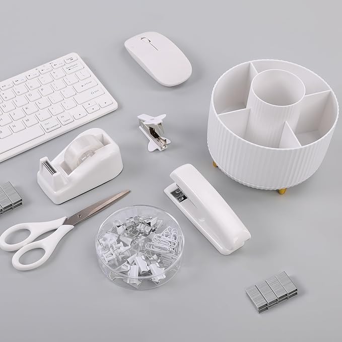 SKYDUE White Office Supplies Set, Office Desk Accessories 10PCS, Pencil Holder for Desk, Stapler, Tape Dispenser, Scissors, Ruler, Binder/Paper Clips and 1000pcs Staples,Desk Supplies Set