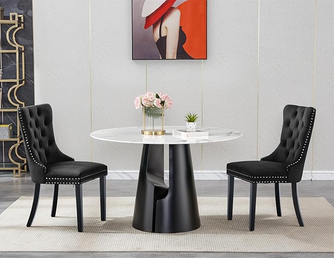 3-Piece Faux Marble Round Dining Table Set for 2, Modern Luxury Kitchen Table Set for 2 with Black Tufted Chairs,Circle Dining Tables with White Marble Grain Top and Black Pedestal Base