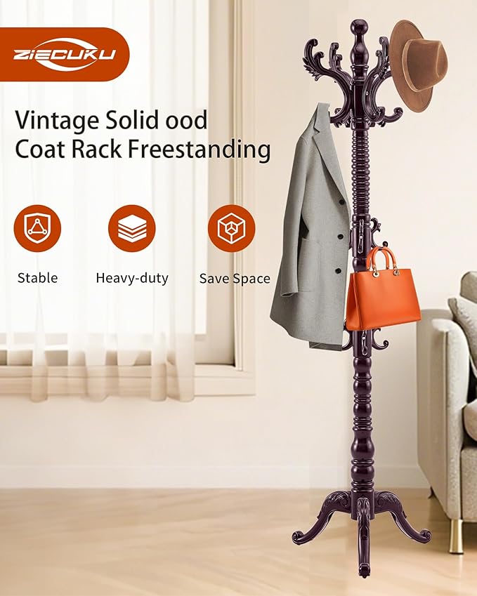Wooden Coat Rack Freestanding, Solid Wood Coat Rack Stand with 14 Hooks, Vintage Heavy Duty Coat Racks,Standing Coat Jacket Hanger Tree Stand for Corner, Office, Entryway