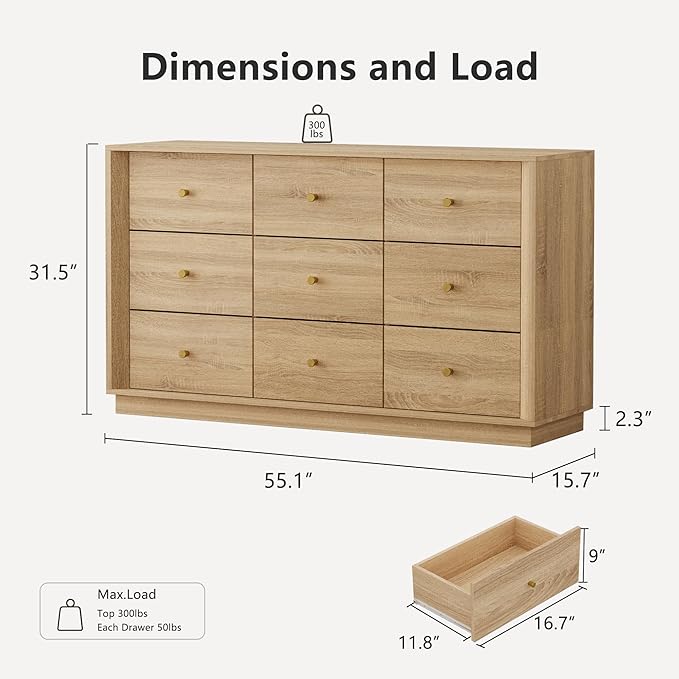 9 Drawer Dresser, Mid Century Modern Dresser with Storage, 55" Wide Chest of Drawers with Wood Grain Texture, Drawers Organizer for Bedroom, Living Room, Hallway, Oak