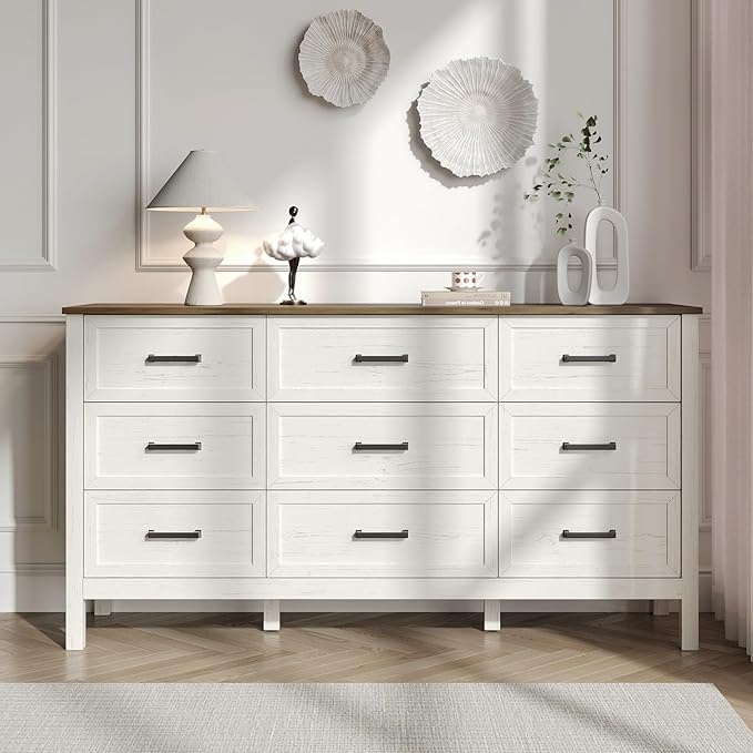 Farmhouse Dresser for Bedroom, 9 Drawers Dresser with Metal Handle, Natural Texture, Wood Rustic Chest of Drawers for Bedroom,Living Room,Hallway and Entryway, Antique White