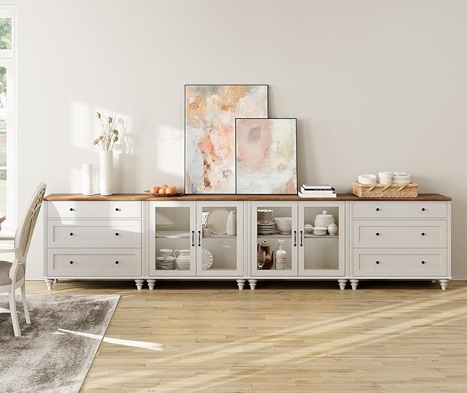 Wampat Modern TV Stand for TVs up to 110 inch, 4 in 1 Entertainment Center with Storage Cabinets and 4 Glass Door, Media Console with 6 Drawer Dresser for Living Room, White