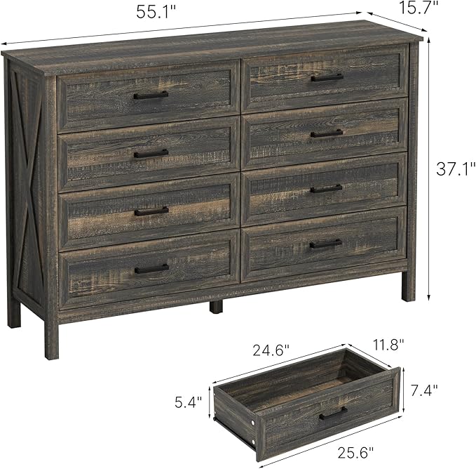 LYNSOM Farmhouse 8 Drawer Dresser for Bedroom, 55 Inch Wide Wood Rustic Chest of Drawers with X-Marking & Bar Handle, Large Storage Dressers Organizer for Bedroom, Living Room, Dark Rustic Oak